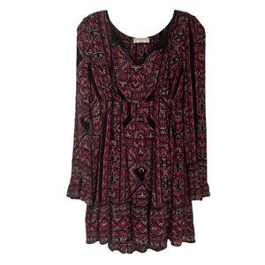 Altar'd State Red Black Printed Long Sleeve Tie Neck Mini Dress Small S